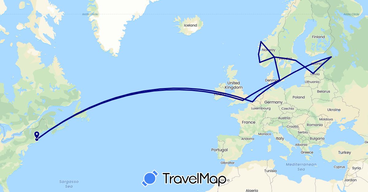 TravelMap itinerary: driving in Belgium, Denmark, United Kingdom, Latvia, Netherlands, Norway, Russia, Sweden, United States (Europe, North America)